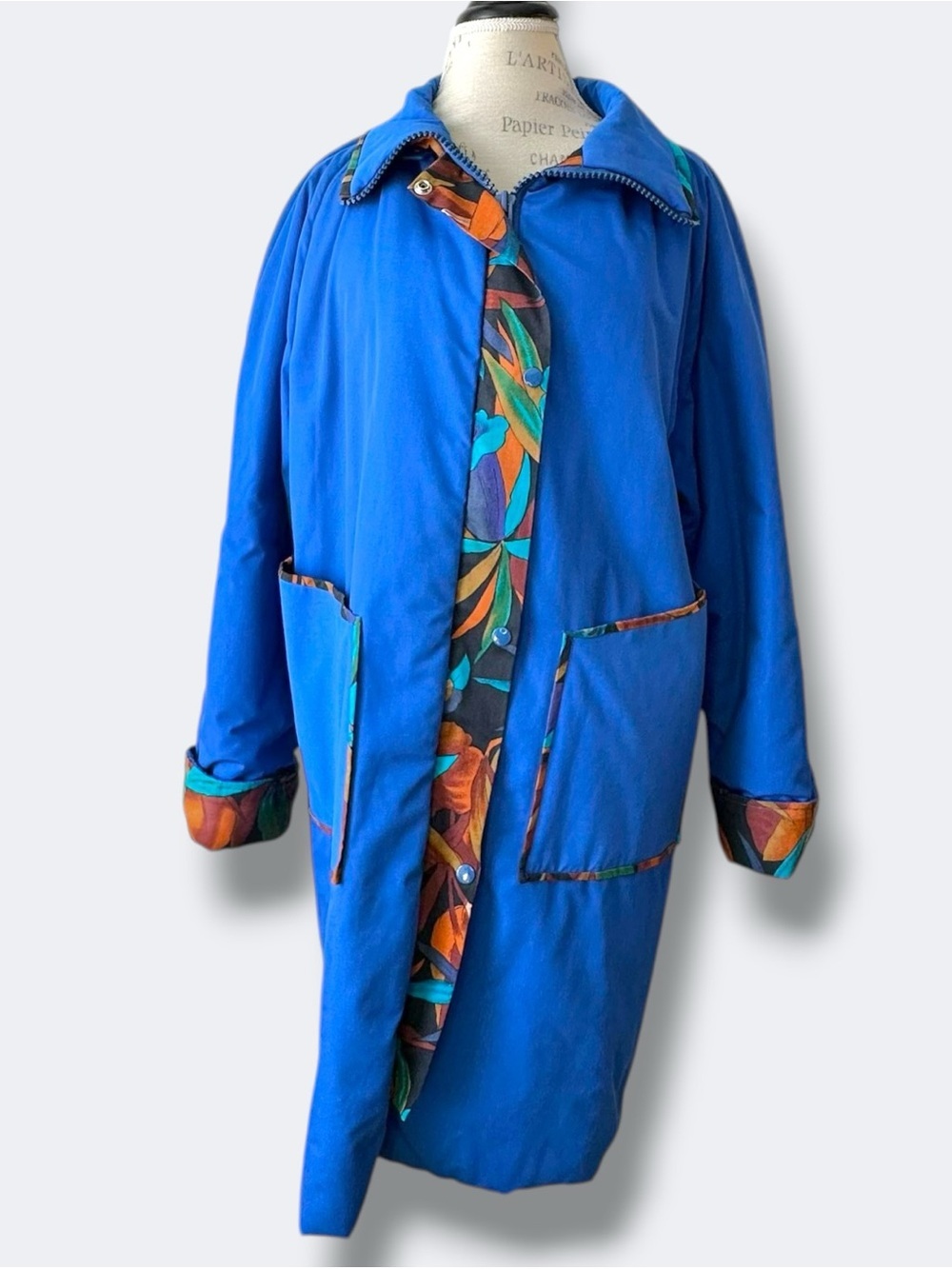 Vintage 90s Royal Blue Statement Parka - Tropical Floral Lining - Oversized XL - Picture 10 of 12